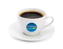 white coffee cup with Falmouth Logo on it filled with black coffee