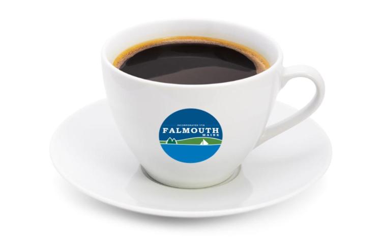 white coffee cup with Falmouth logo on it filled with coffee