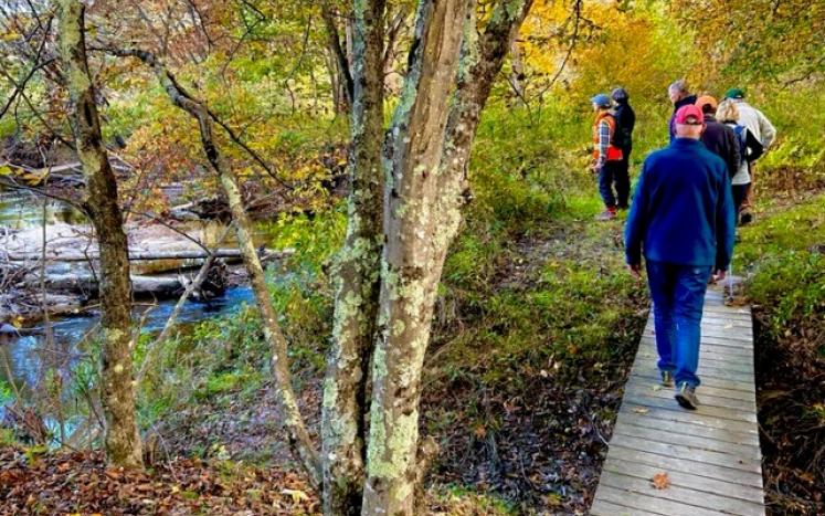 hikers on trail cross wooden bridge